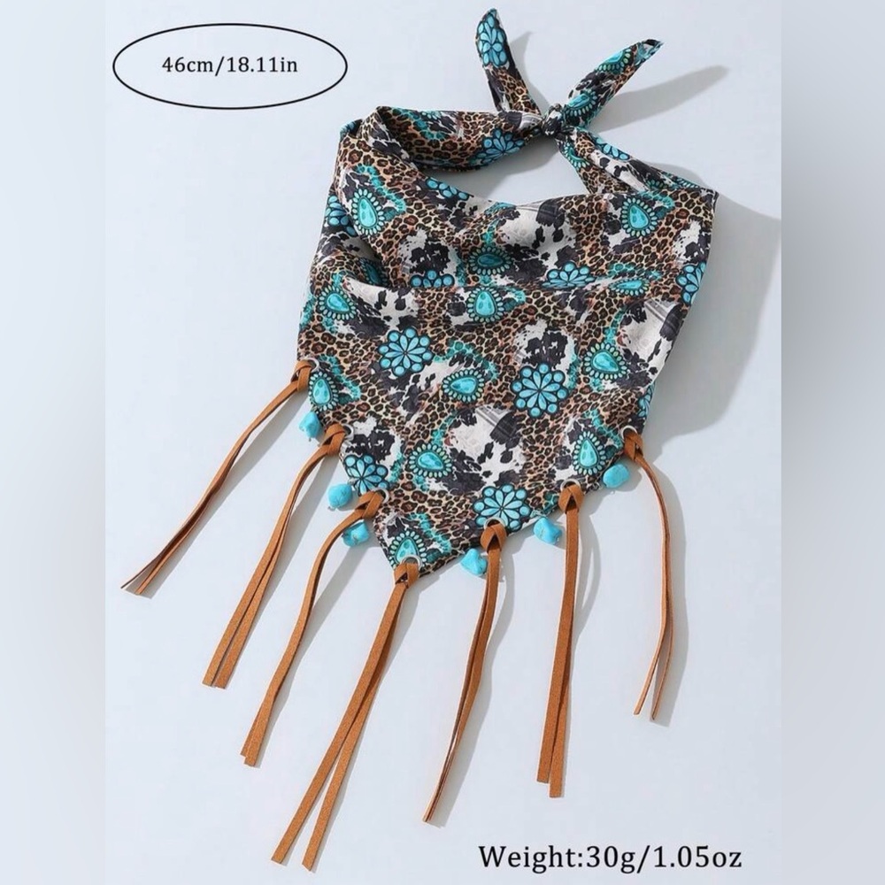 Western Bandana Scarf Turquoise Floral Fringe Bandana Scarf Cowgirl Bandana - Picture 7 of 7